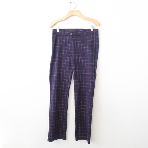 Plaid Pants Womens Medium Straight Blue Dress Ankle Windowpane Petite BETABRAND - Picture 1 of 13
